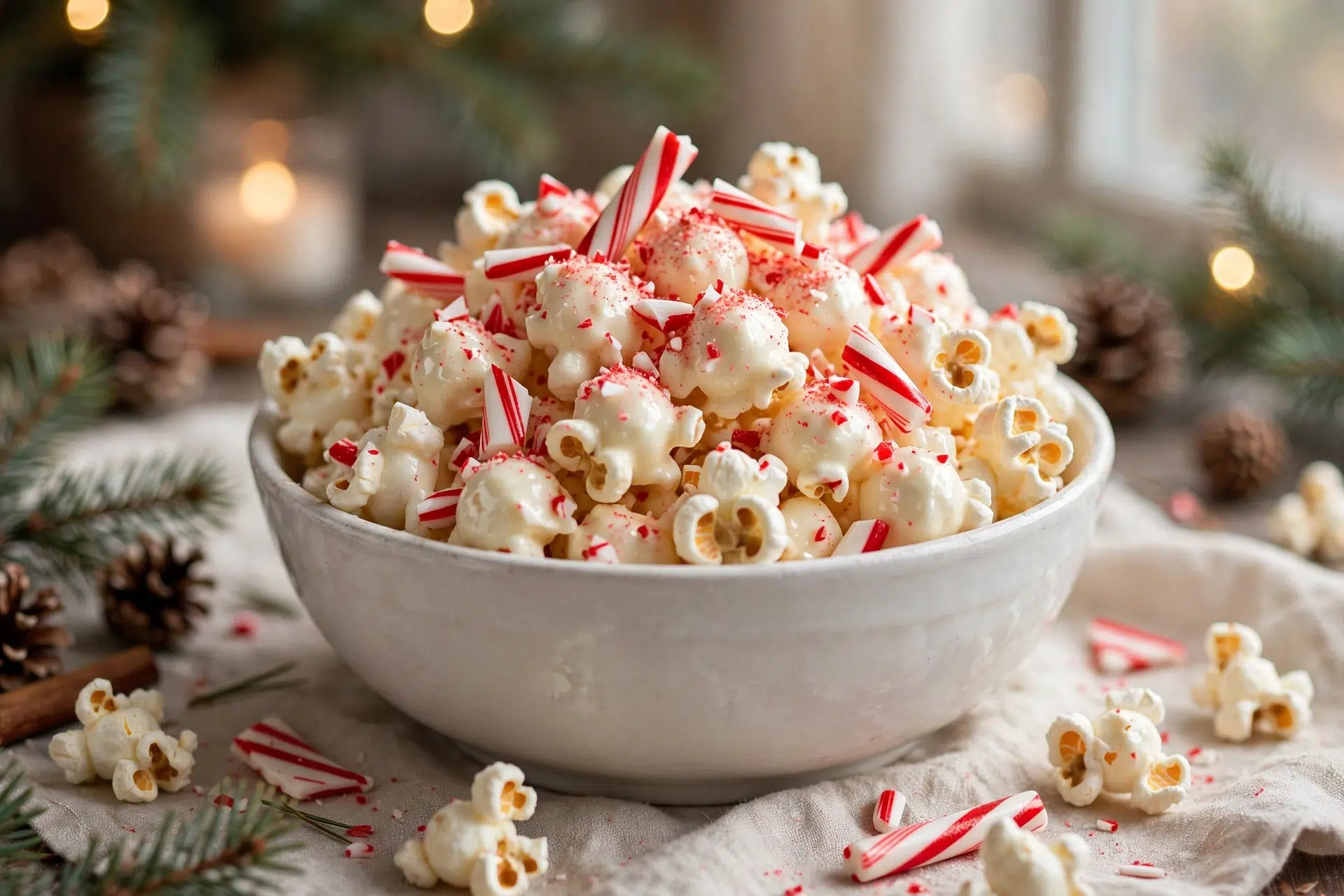 15-Minute White Chocolate Peppermint Popcorn in a white bowl, ivory chocolate coating studded with red crushed candy canes