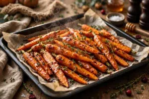 20-Minute Honey Butter Roasted Carrots on a sheet pan, golden caramelized edges with fresh thyme