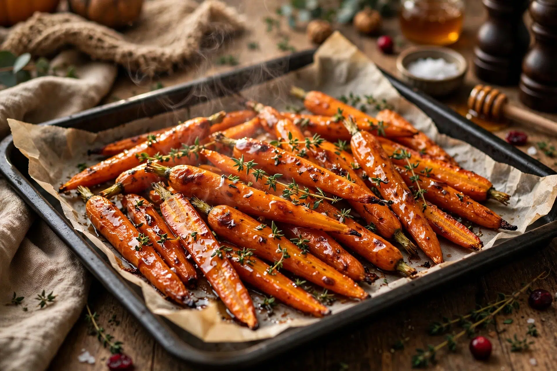 20-Minute Honey Butter Roasted Carrots on a sheet pan, golden caramelized edges with fresh thyme