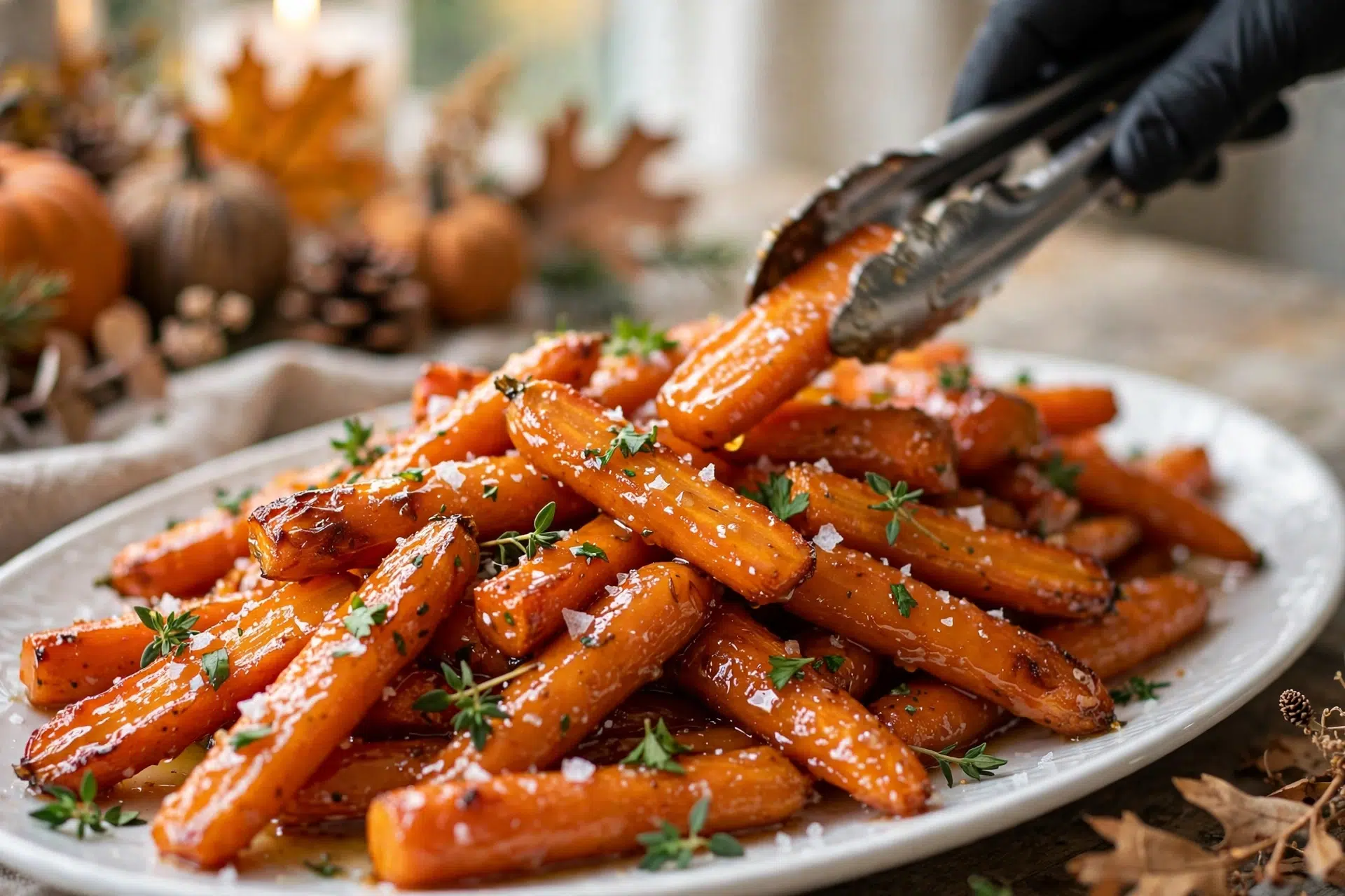 Close-up of glazed Honey Butter Roasted Carrots with flaky salt and parsley on a white platter