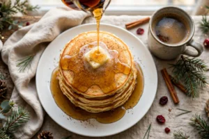 Tall stack of golden eggnog pancakes with melting butter and warm spiced maple syrup being poured over, nutmeg dusted on top, Christmas morning table