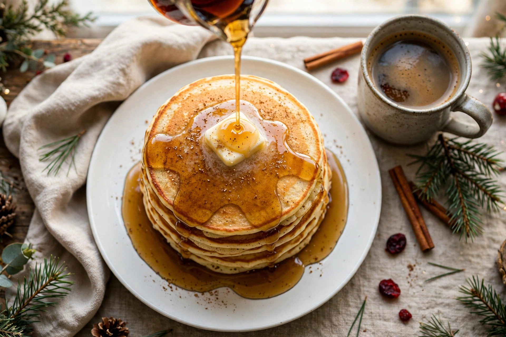 Tall stack of golden eggnog pancakes with melting butter and warm spiced maple syrup being poured over, nutmeg dusted on top, Christmas morning table