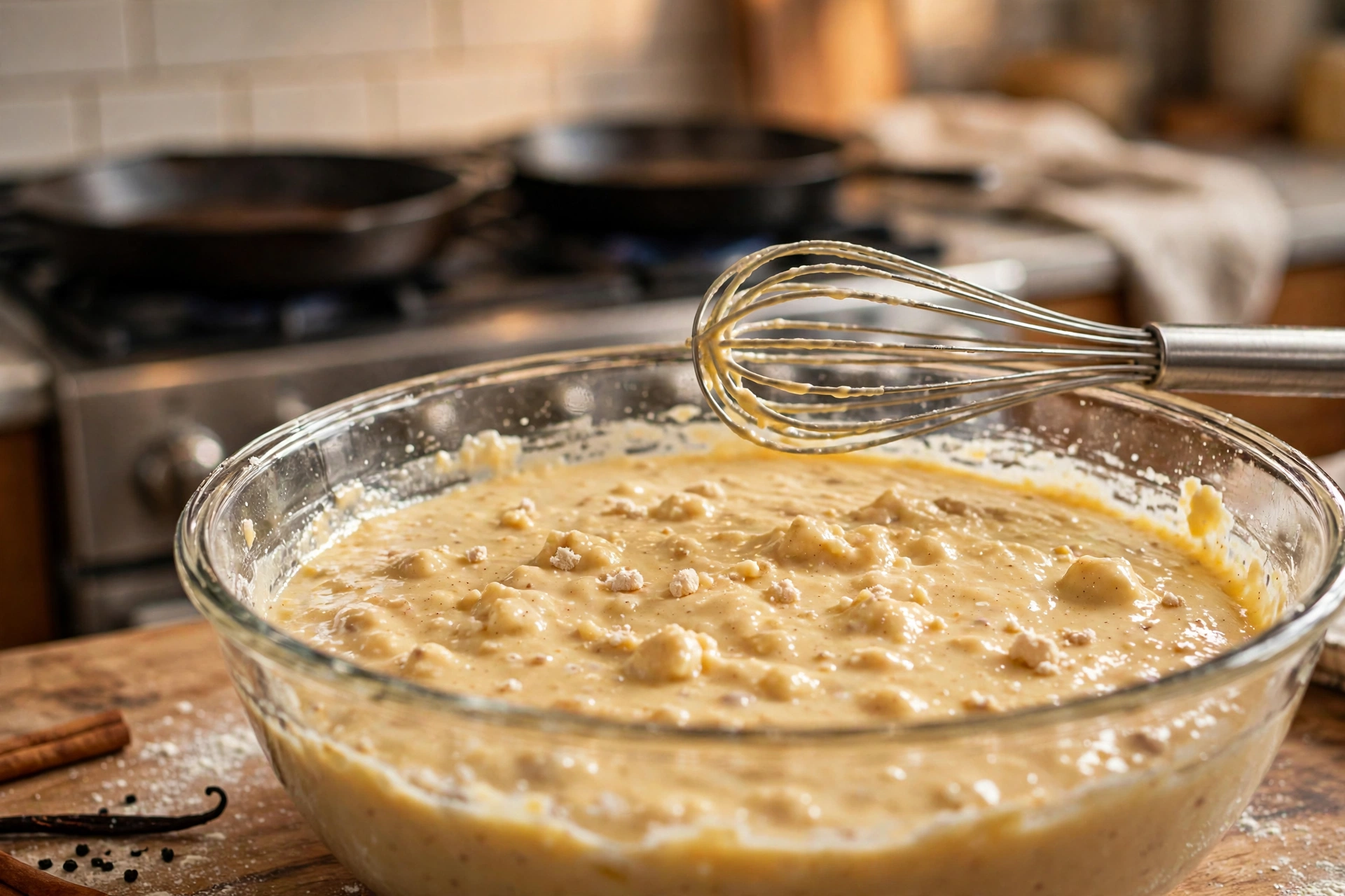 Eggnog pancake batter resting in a glass bowl with a whisk beside it, small lumps visible, pans heating on the stove behind