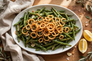 Garlic green beans topped with crispy golden shallot rings and sliced garlic coins on a white oval platter with lemon wedges on a Thanksgiving table