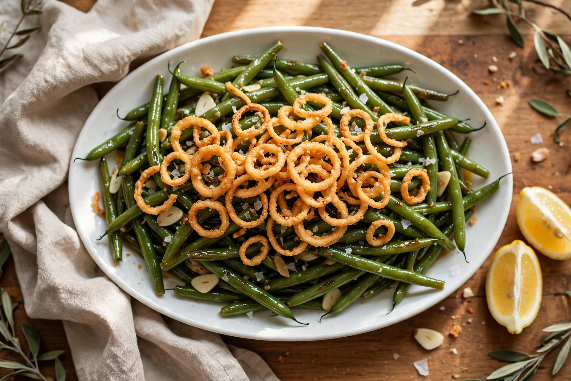 Garlic green beans topped with crispy golden shallot rings and sliced garlic coins on a white oval platter with lemon wedges on a Thanksgiving table