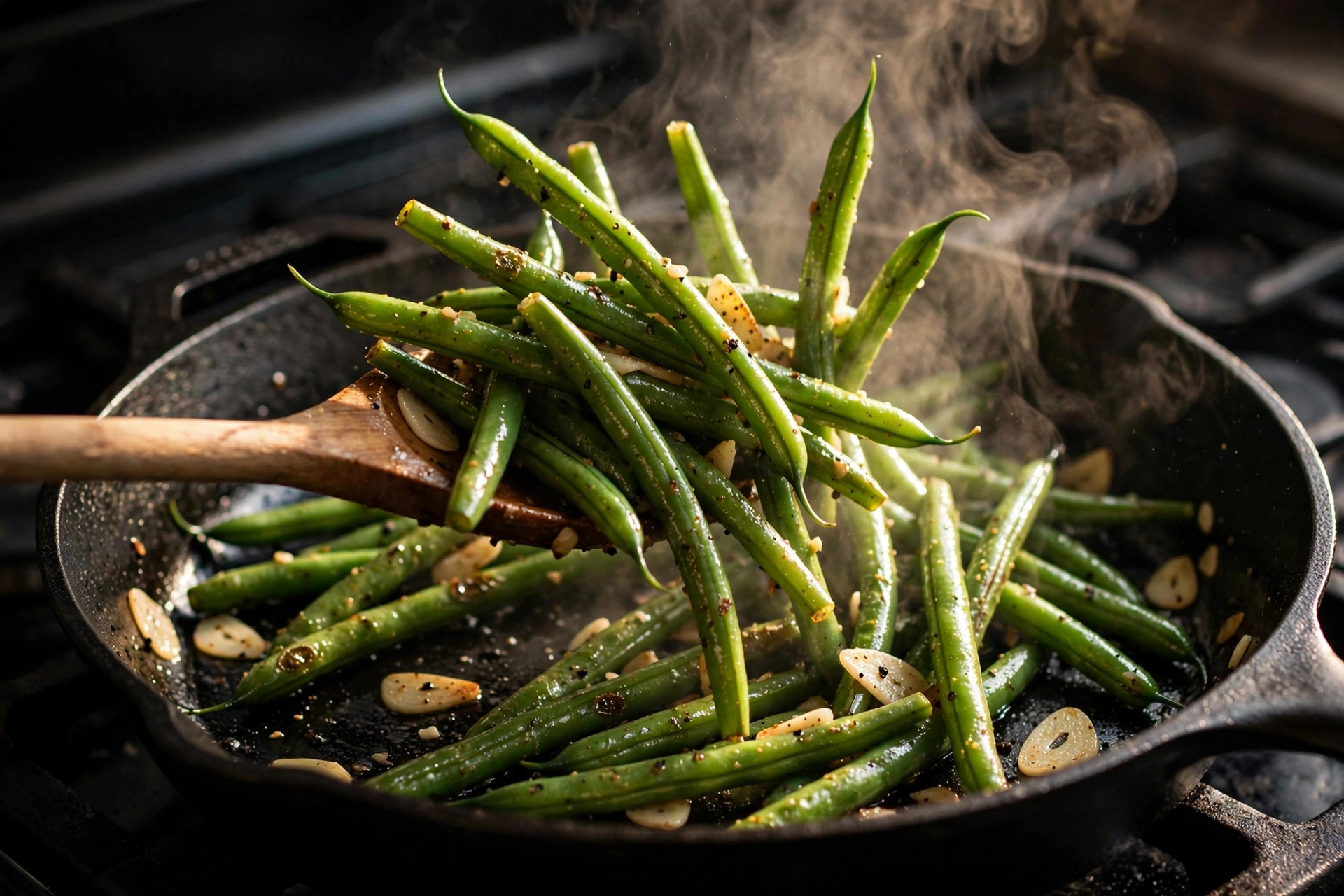 Green beans sauteing in a cast iron skillet with sliced garlic and rising steam, lifted by a wooden spoon