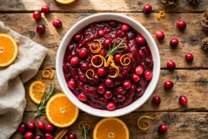 Homemade cranberry sauce in a white bowl with a glossy deep red finish, whole cranberries, orange zest curls and a rosemary sprig on top, orange slices and fresh cranberries on a rustic wooden table