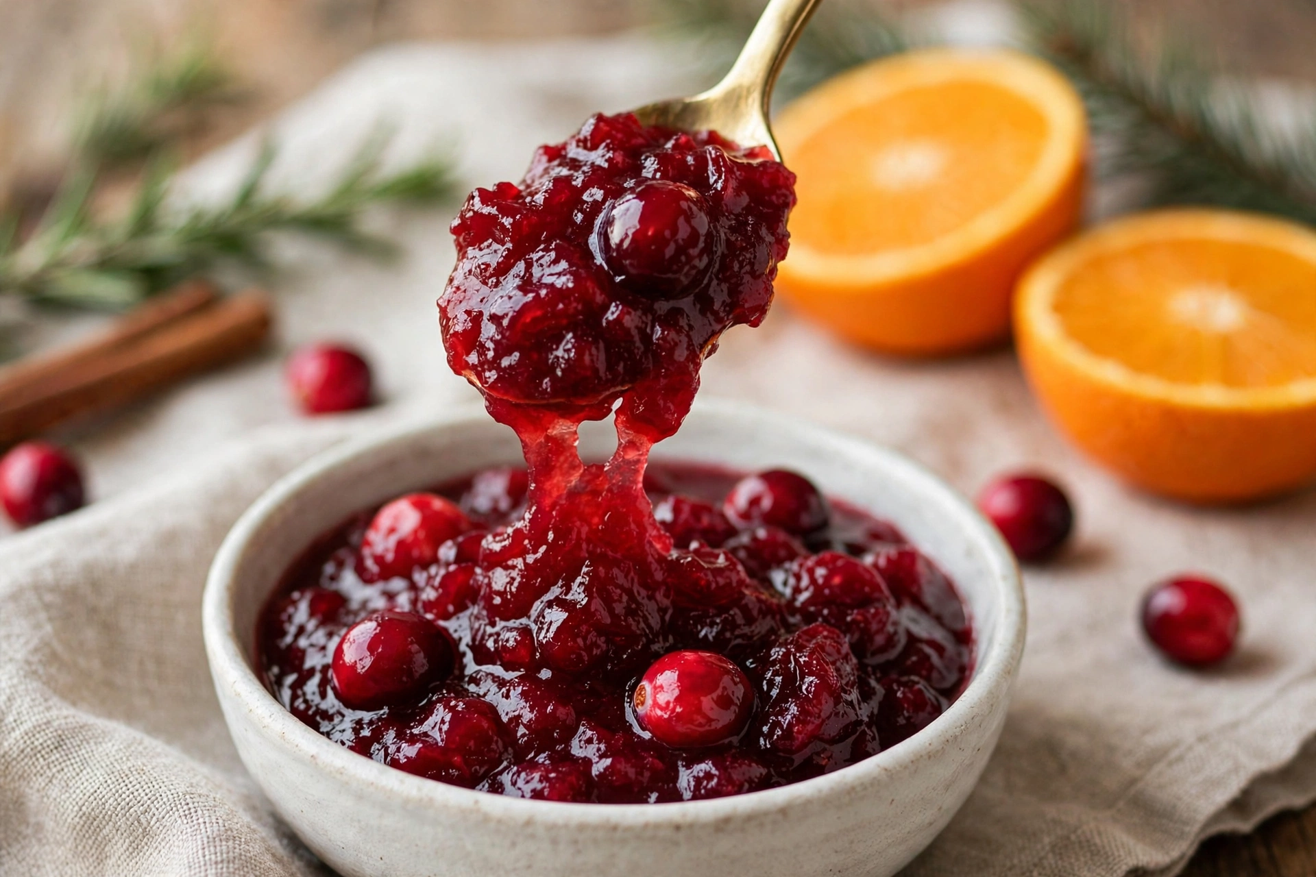 Close-up of a spoon lifting thick glossy homemade cranberry sauce from a small white bowl, showing its jammy texture, with orange halves and fresh cranberries in the background