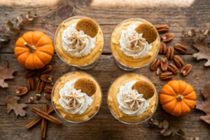 Pumpkin mousse cups topped with whipped cream swirls, cinnamon dusting and gingersnap cookies on a rustic wood Thanksgiving table with mini pumpkins and pecans