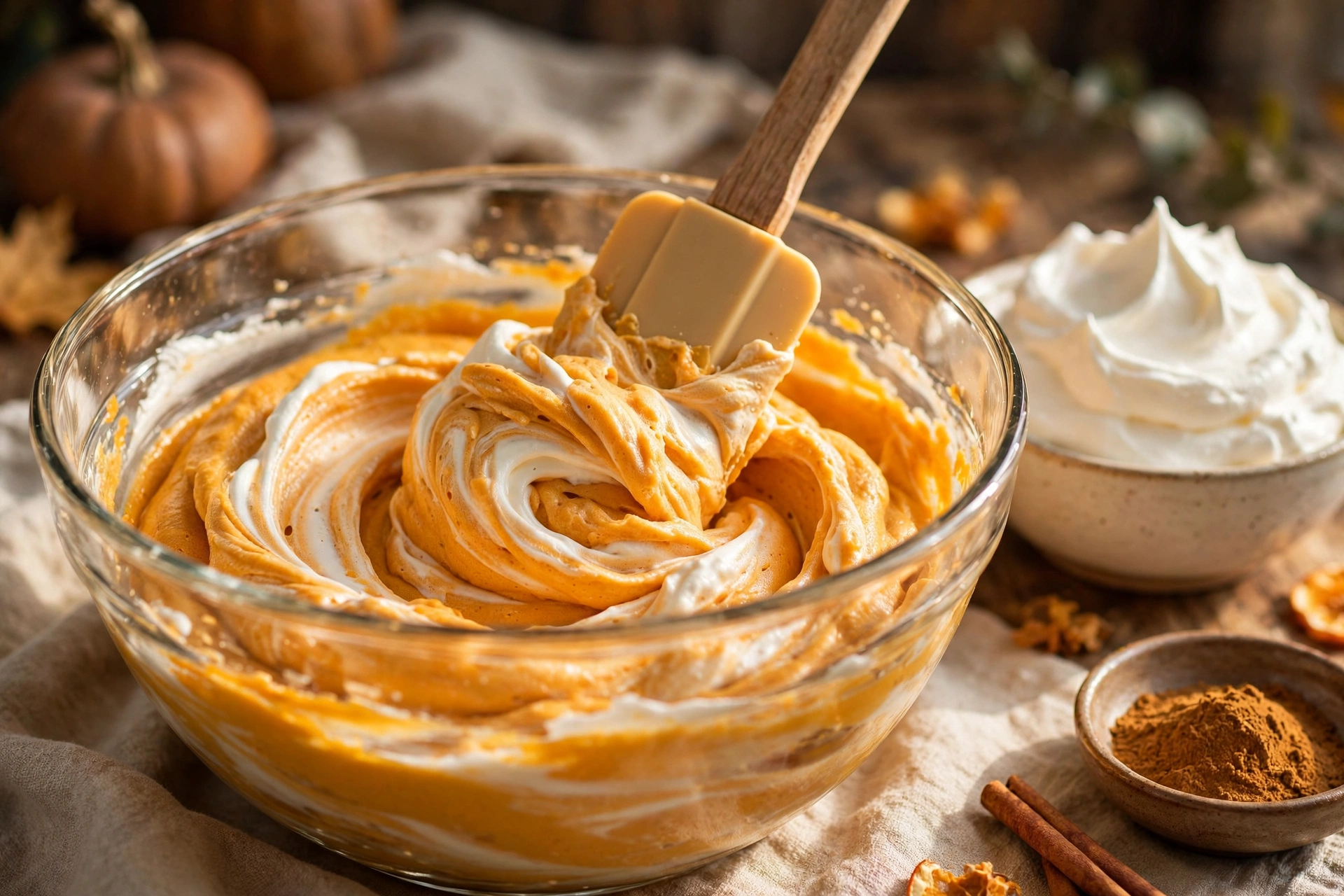 Pumpkin mousse being folded with a spatula in a glass bowl, ribbons of white whipped cream marbling through the orange pumpkin base