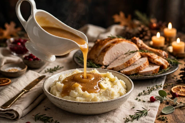 Turkey gravy pouring from a white gravy boat over mashed potatoes with sliced roast turkey on a Thanksgiving table