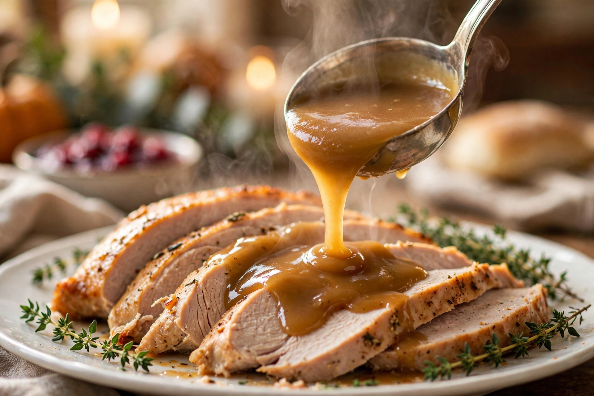 Close-up of a ladle drizzling turkey gravy over sliced roast turkey breast with thyme on a white platter