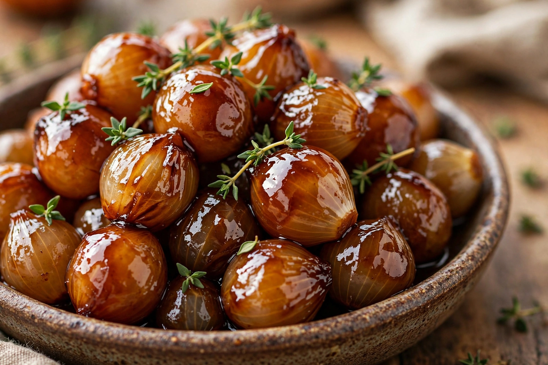 Glossy balsamic glazed pearl onions in a dark skillet, deep amber glaze coating each onion, fresh thyme leaves scattered over