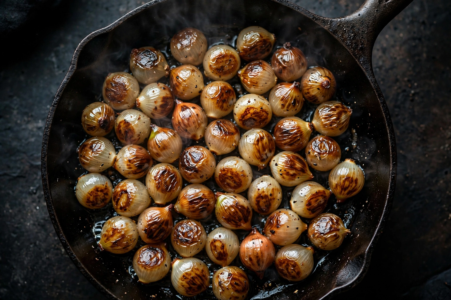 Frozen pearl onions searing undisturbed in a hot skillet, golden brown patches forming on the bottoms, steam rising