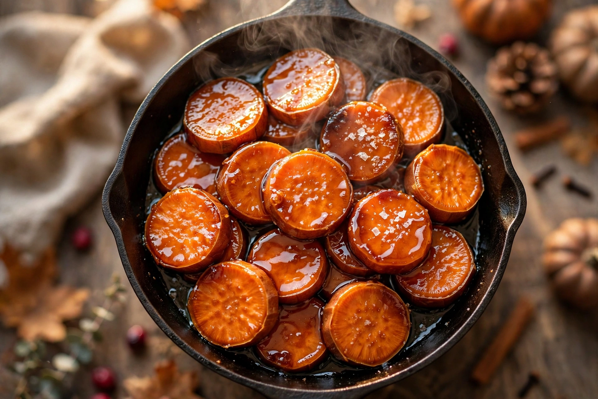 Candied sweet potatoes in a cast iron skillet, glossy orange rounds coated in a maple brown sugar glaze with flaky salt, on a Thanksgiving table