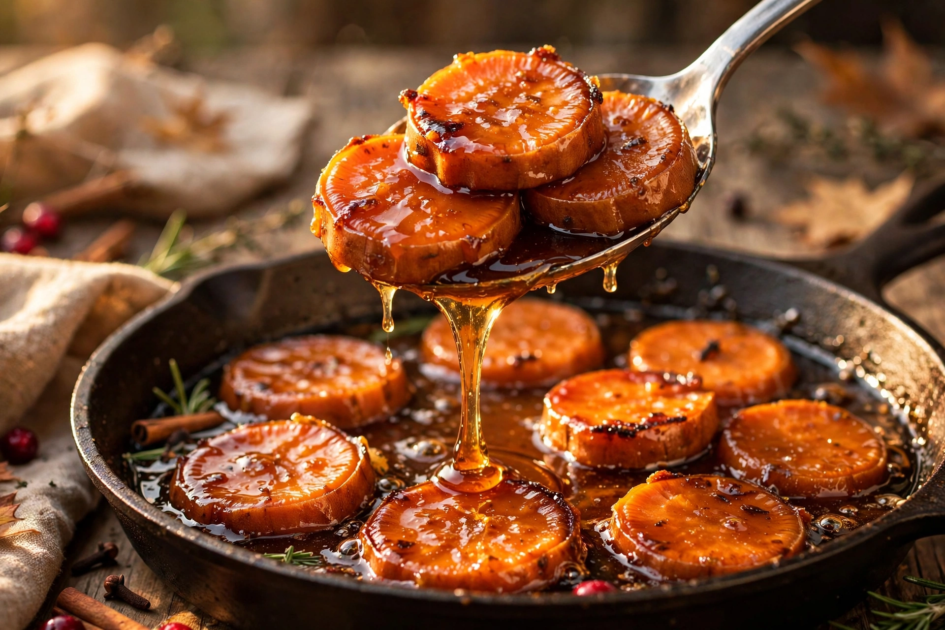 Close-up of a spoon lifting candied sweet potato rounds from a skillet, thick amber maple glaze dripping back into the pan
