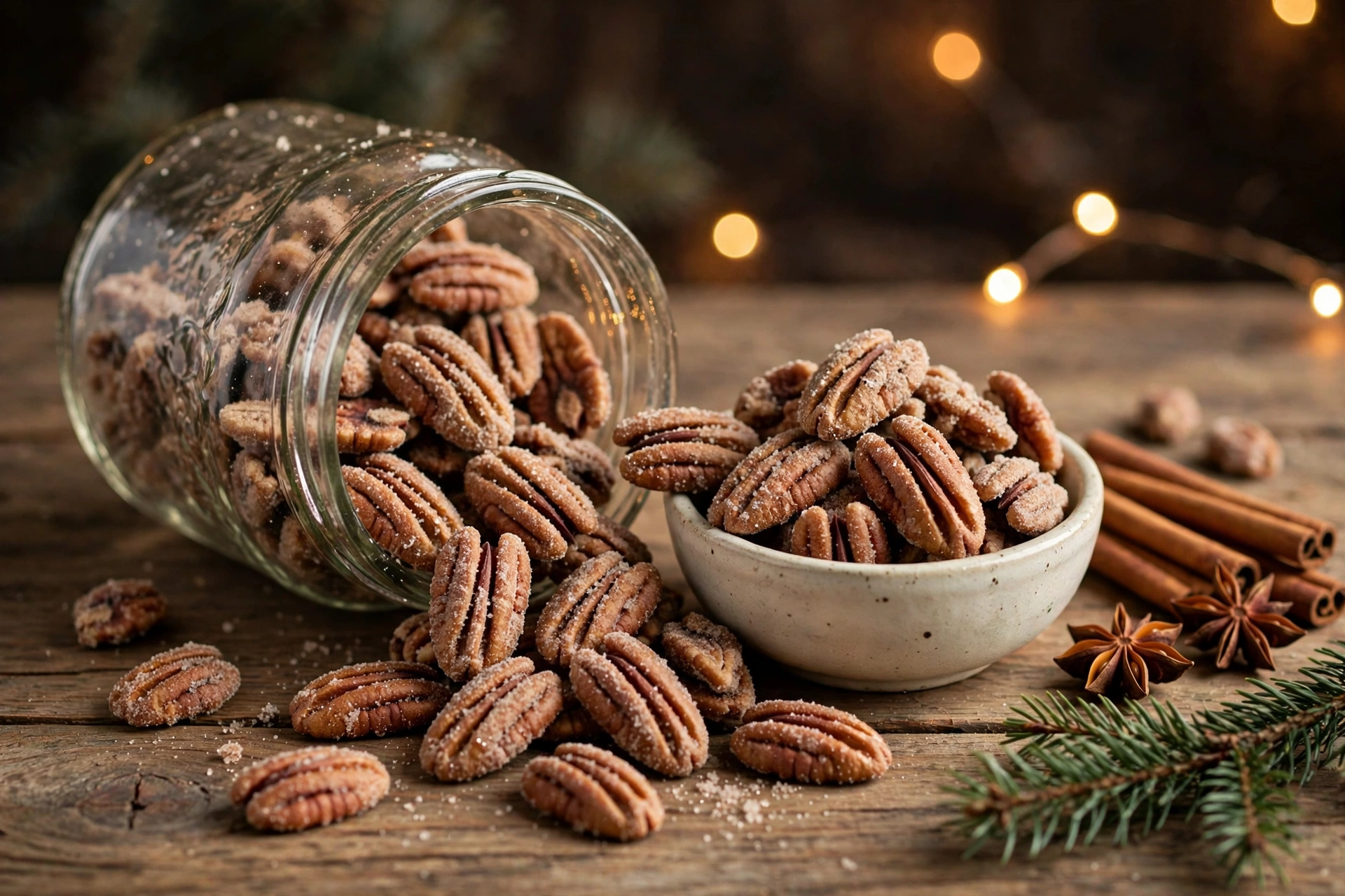 Cinnamon sugar pecans with a matte crystallized sugar coating spilling from a glass jar into a ceramic bowl with cinnamon sticks and star anise on a Christmas table