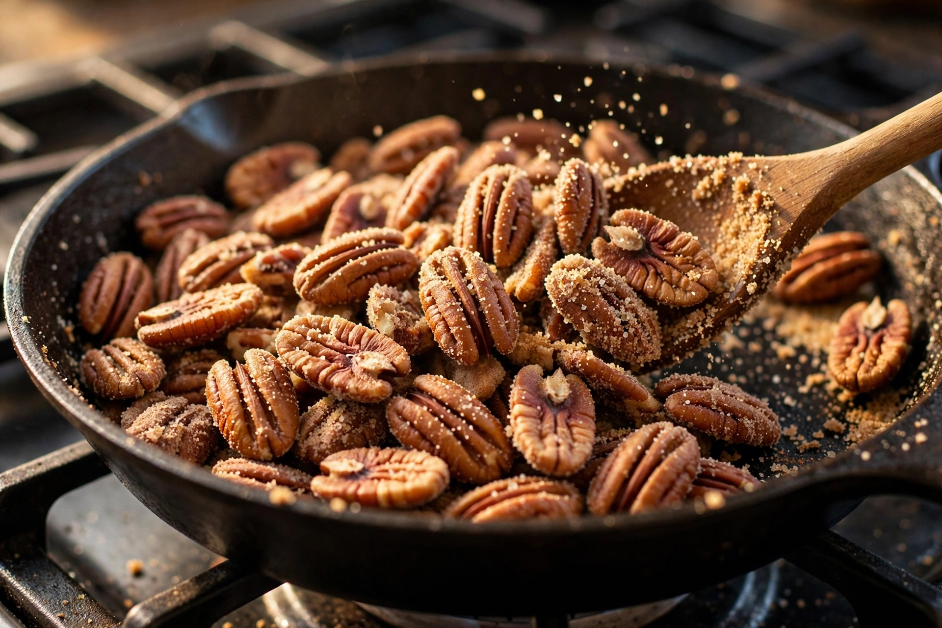 Pecan halves stirred in a skillet as the cinnamon sugar coating turns sandy and matte, a wooden spoon lifting the nuts