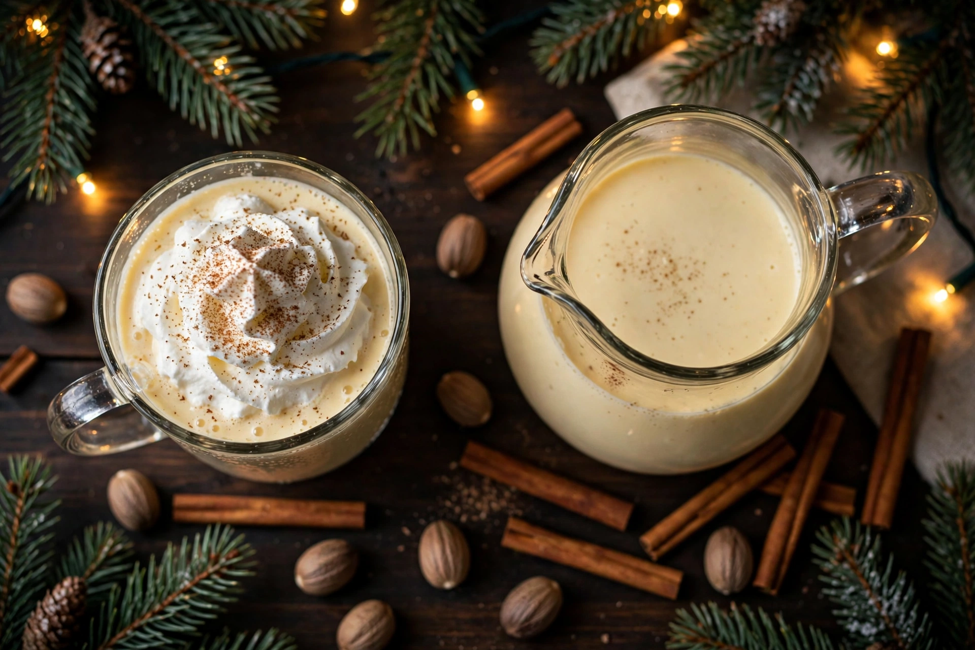 Homemade eggnog in a glass mug with whipped cream and grated nutmeg beside a pitcher of eggnog, cinnamon sticks and pine branches on a Christmas table