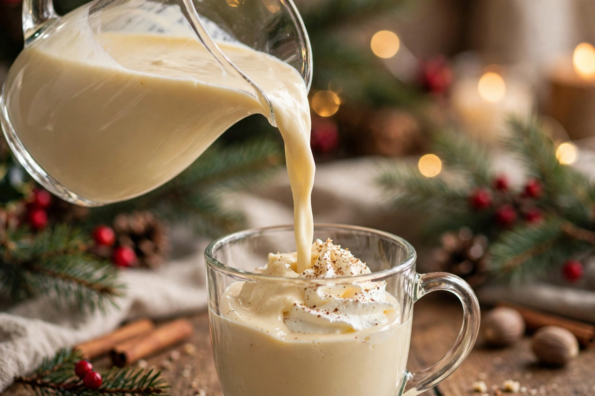 Close-up of homemade eggnog being poured from a glass pitcher into a mug with whipped cream and nutmeg, Christmas greenery behind