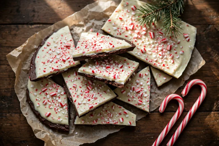 Peppermint bark shards with a dark chocolate base and white chocolate top scattered with crushed candy cane, stacked on parchment over a dark wood Christmas table