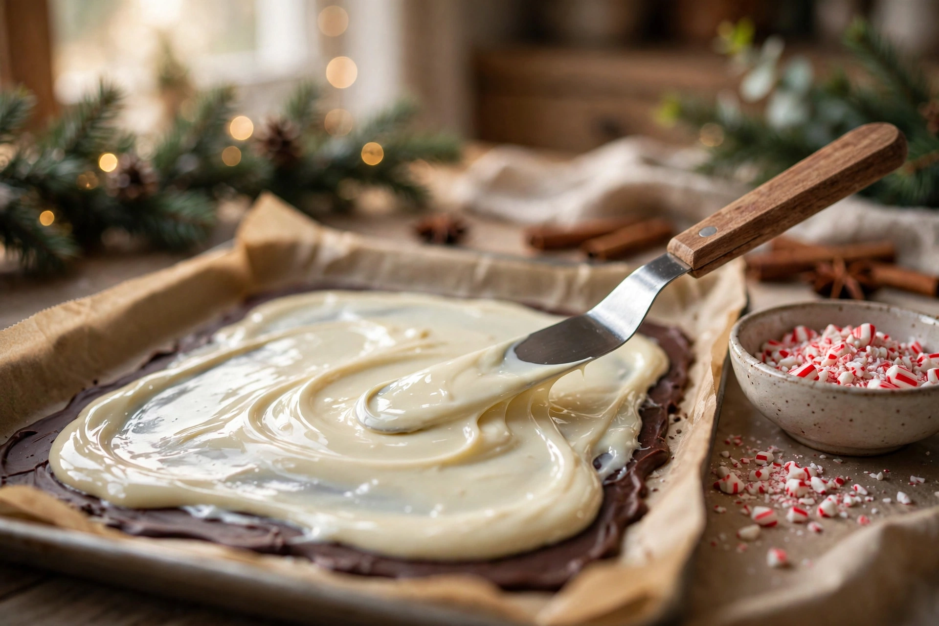 White chocolate being spread over a dark chocolate layer on a parchment lined baking sheet, with a bowl of crushed candy canes beside the tray