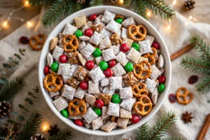 Reindeer chow in a white bowl, powdered sugar coated chocolate Chex cereal mixed with red and green candies and mini pretzels, pine branches and warm Christmas lights around