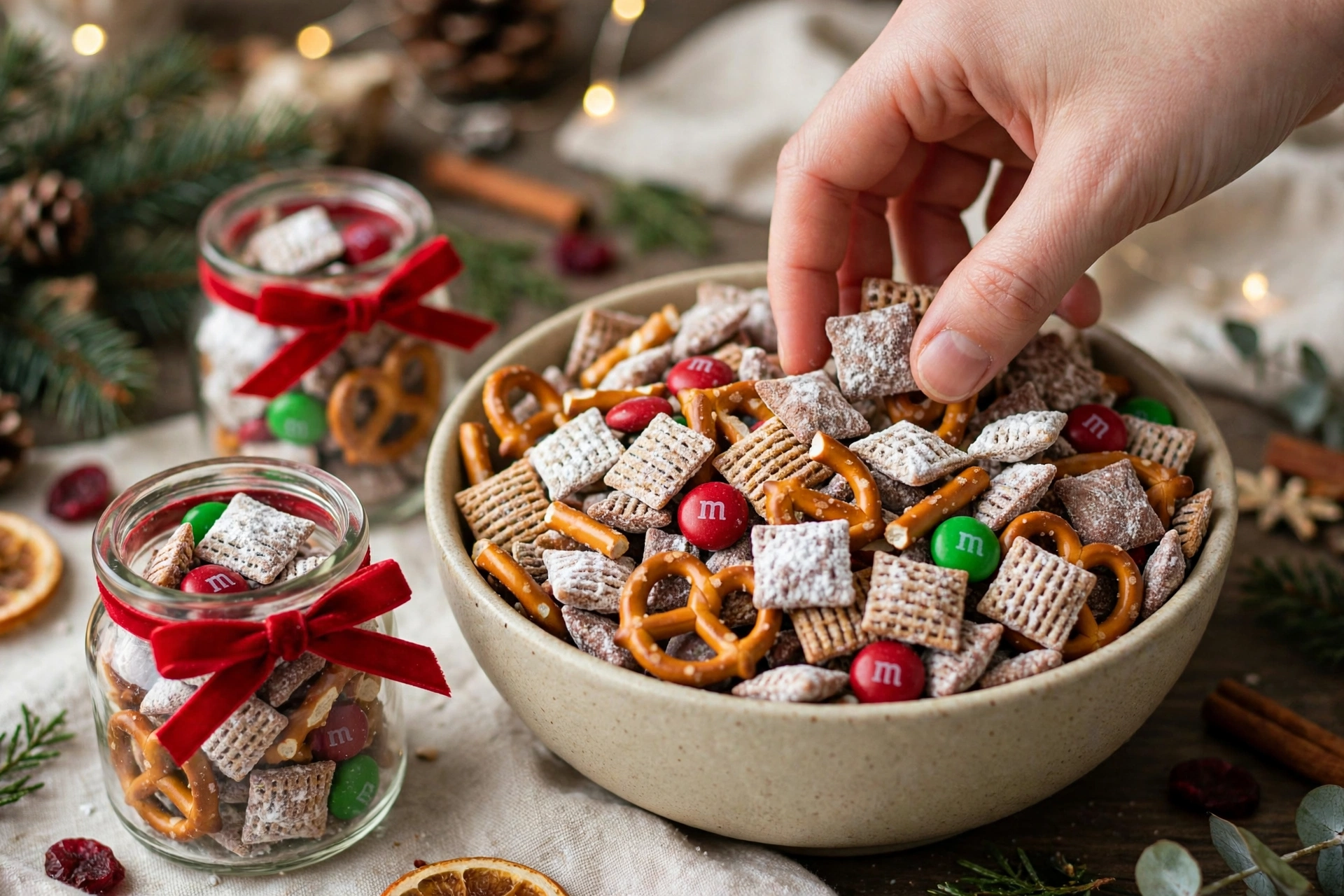 Close-up of a hand picking a piece of reindeer chow from a bowl of powdered sugar coated cereal, pretzels and red and green candies, with small gift jars of the mix tied with red ribbon beside it