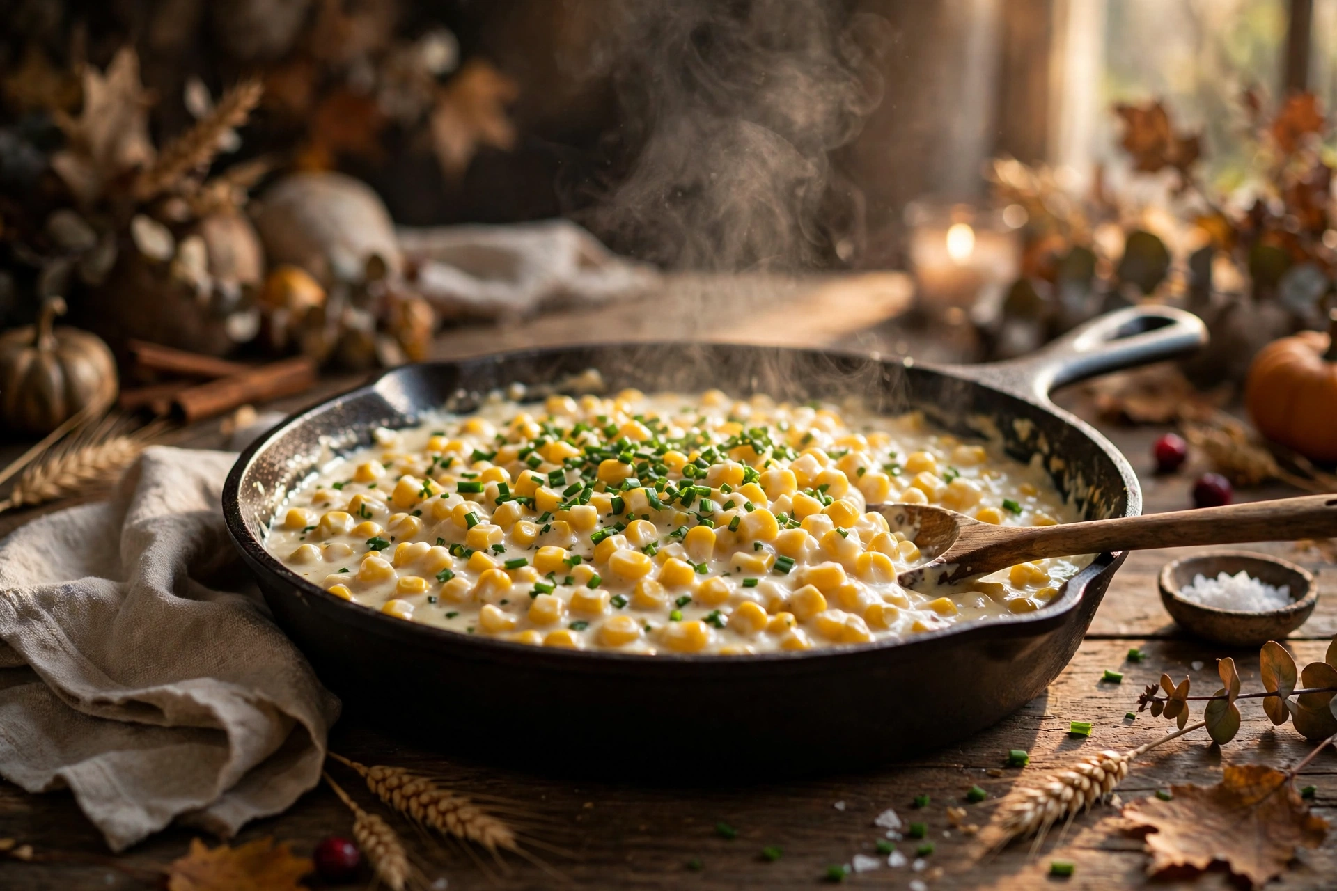 Skillet creamed corn in a cast iron pan with chopped chives and a wooden spoon, steam rising, on a rustic Thanksgiving table with a linen napkin