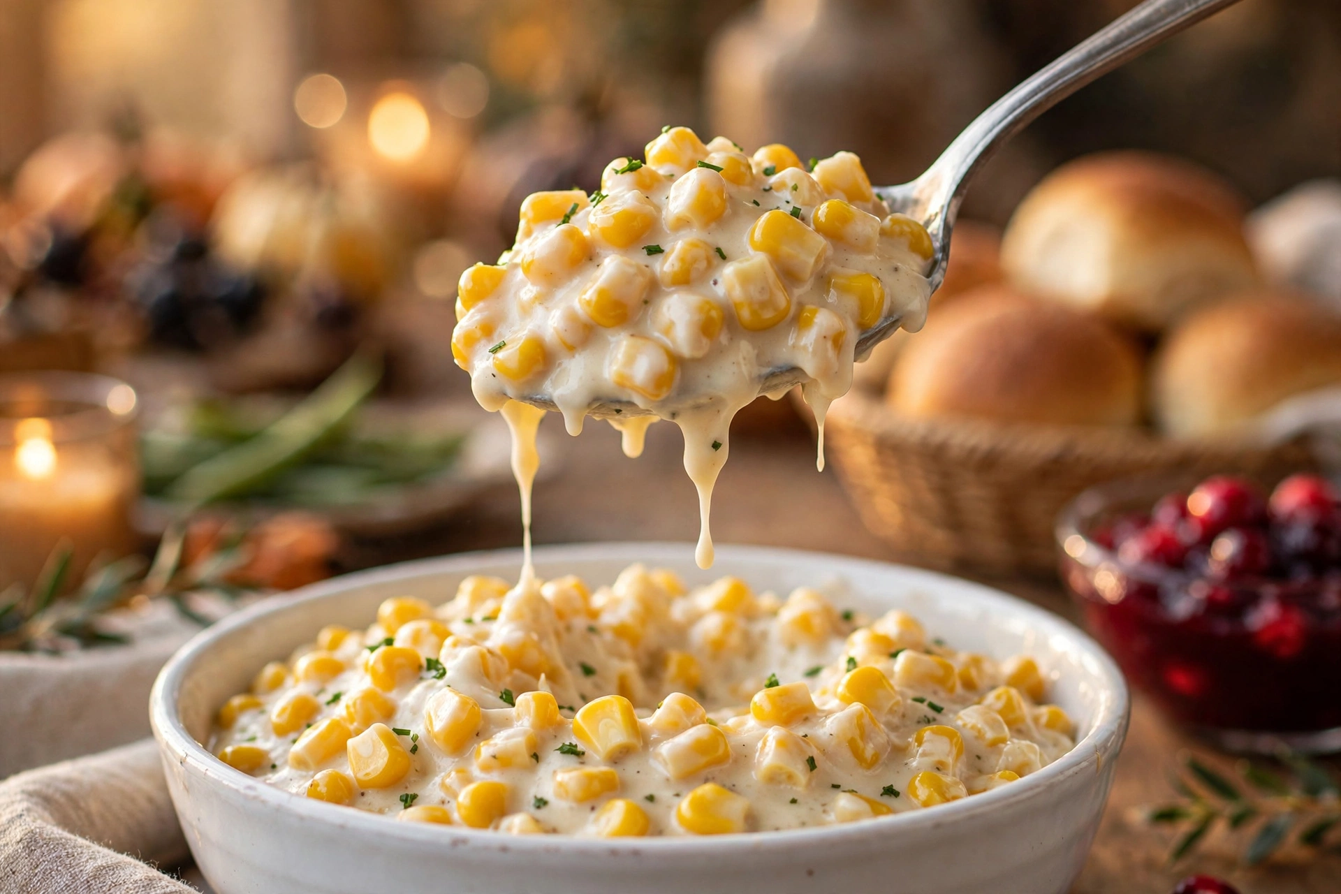 Close-up of a spoon lifting creamed corn from a white serving bowl, silky cream sauce dripping back, with dinner rolls and cranberry sauce blurred in the background