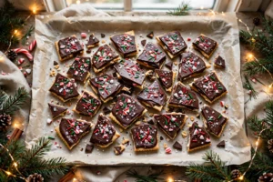 Christmas crack saltine toffee pieces on a parchment lined tray with glossy chocolate, red and green sprinkles and crushed candy cane, pine branches and warm fairy lights around