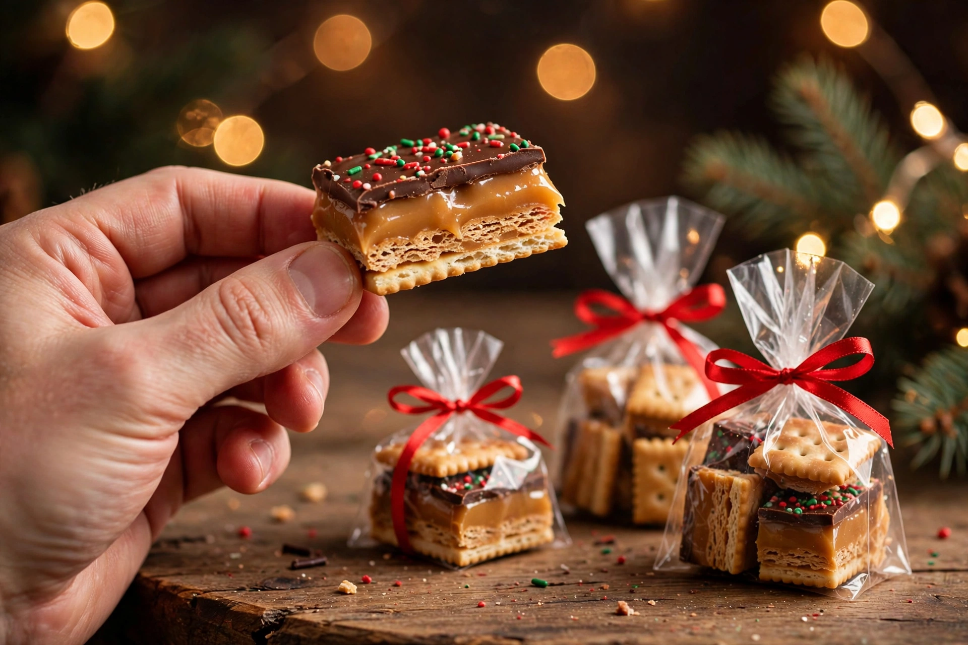 Close-up of a hand holding a piece of christmas crack showing the cracker, golden toffee and chocolate layers, with small gift bags of saltine toffee tied with red ribbon beside it
