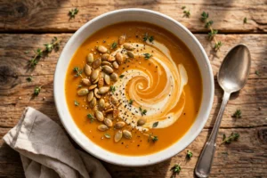 Creamy pumpkin soup in a white bowl with a cream swirl, toasted pumpkin seeds, fresh thyme leaves, and cracked black pepper on a rustic wooden table