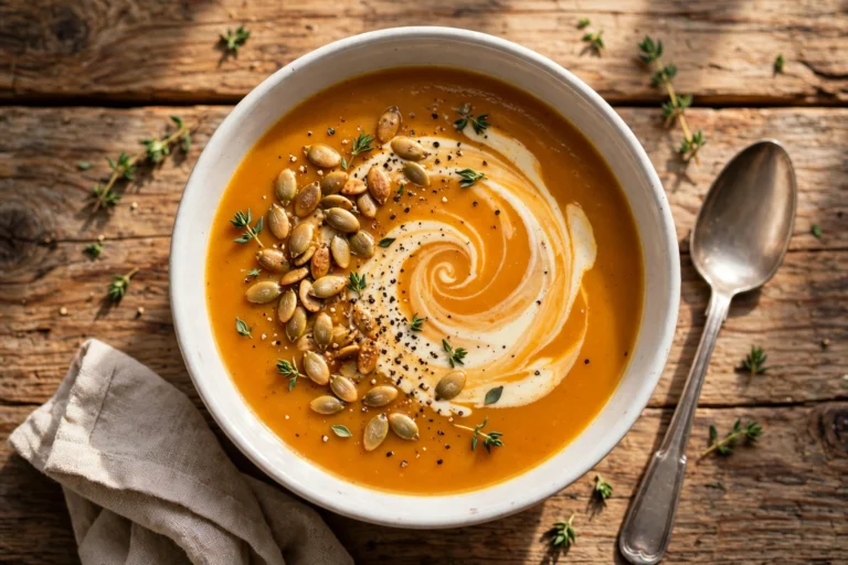 Creamy pumpkin soup in a white bowl with a cream swirl, toasted pumpkin seeds, fresh thyme leaves, and cracked black pepper on a rustic wooden table