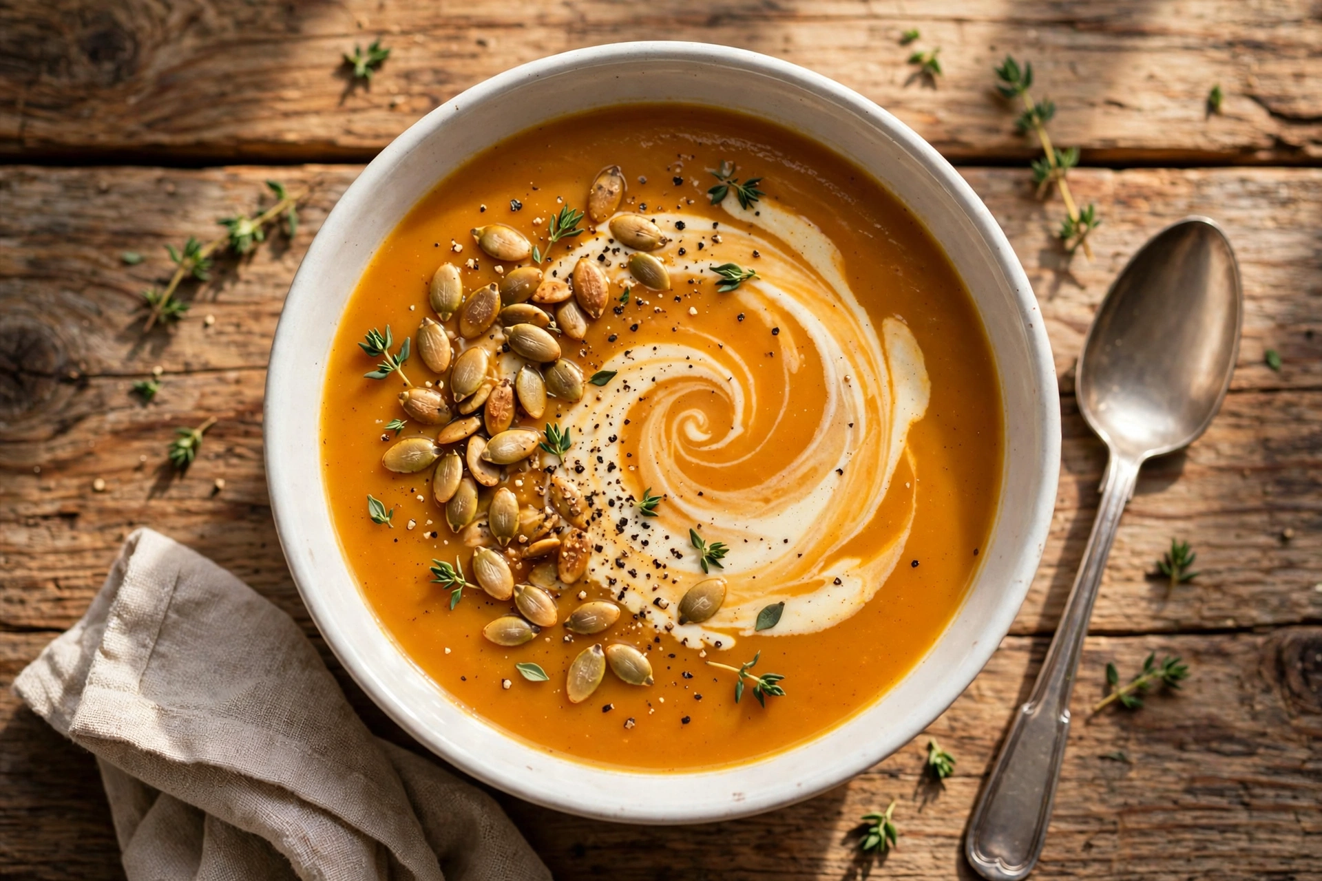 Creamy pumpkin soup in a white bowl with a cream swirl, toasted pumpkin seeds, fresh thyme leaves, and cracked black pepper on a rustic wooden table