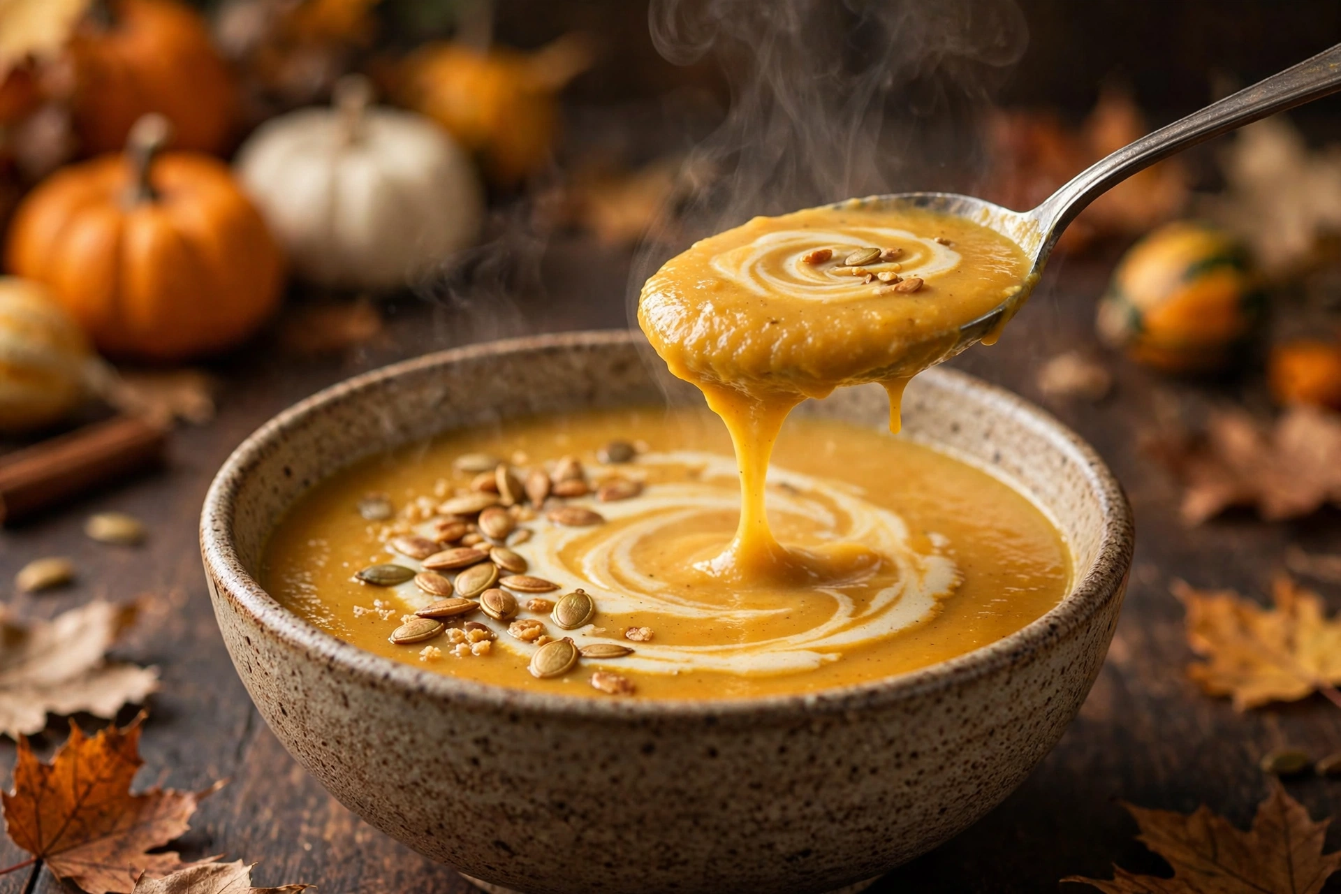 Close-up of a spoon lifting silky creamy pumpkin soup from a rustic bowl, steam rising, with small pumpkins and autumn leaves in the background