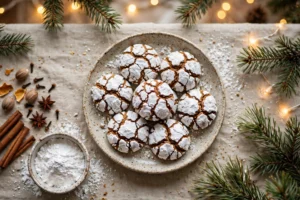 Gingerbread crinkle cookies with bold white crackled powdered sugar tops on a ceramic plate with cinnamon sticks, star anise and pine branches on a Christmas table