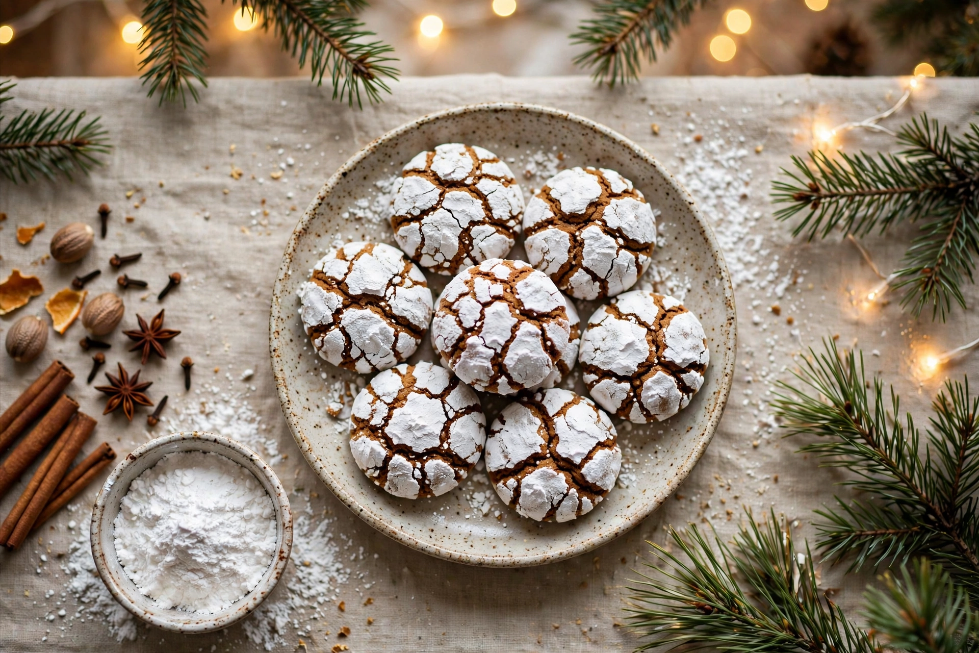 Gingerbread crinkle cookies with bold white crackled powdered sugar tops on a ceramic plate with cinnamon sticks, star anise and pine branches on a Christmas table
