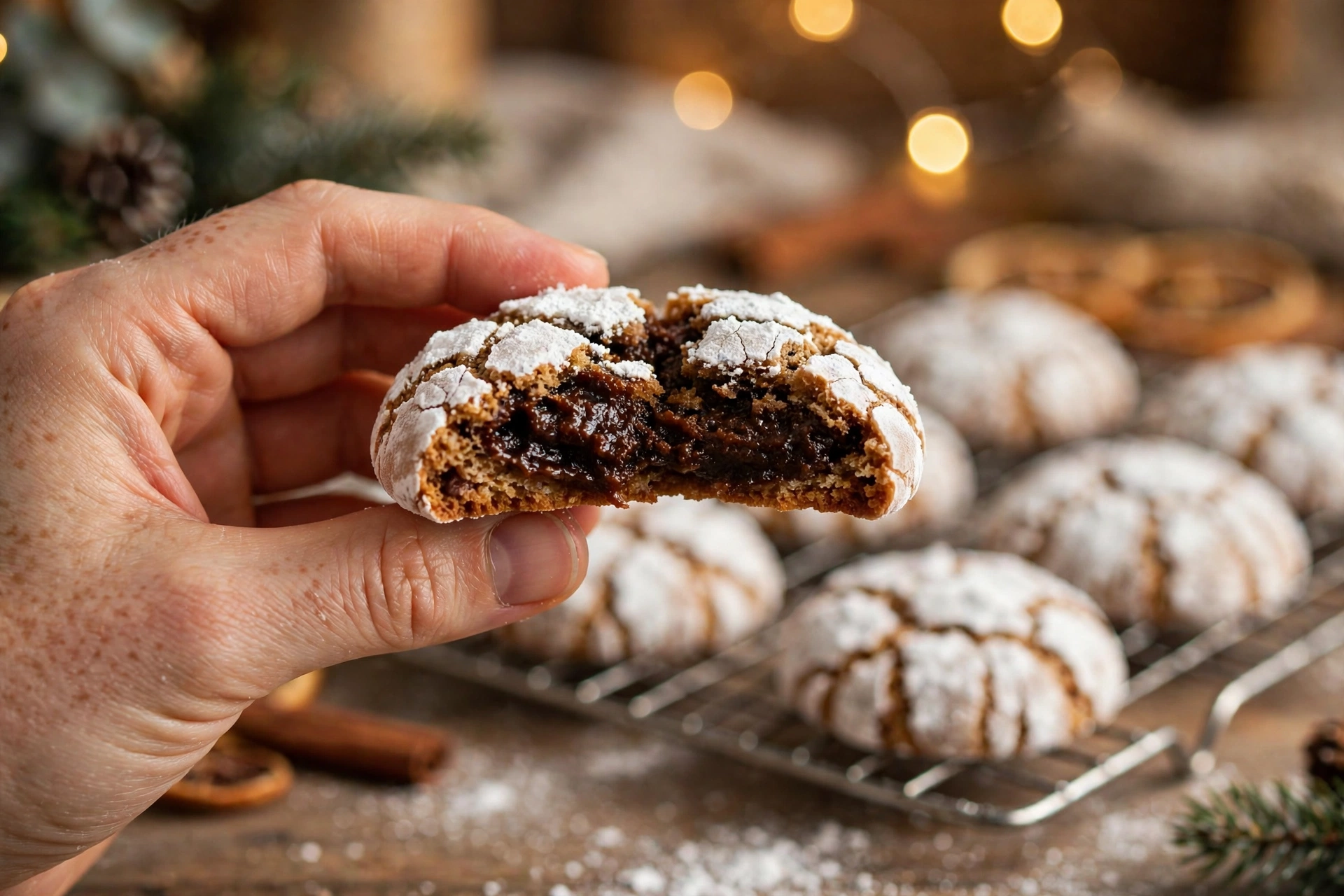 Close-up of a hand holding a gingerbread crinkle cookie broken in half showing the dark chewy molasses center, with more crinkle cookies on a cooling rack behind