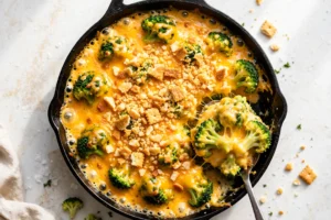 Skillet broccoli cheese casserole with bubbling sharp cheddar sauce, bright green florets, golden cracker crumbs and a serving spoon lifting a cheesy scoop