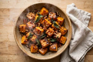 Roasted butternut squash cubes with brown butter, crisp sage and toasted pecans in a rustic serving bowl