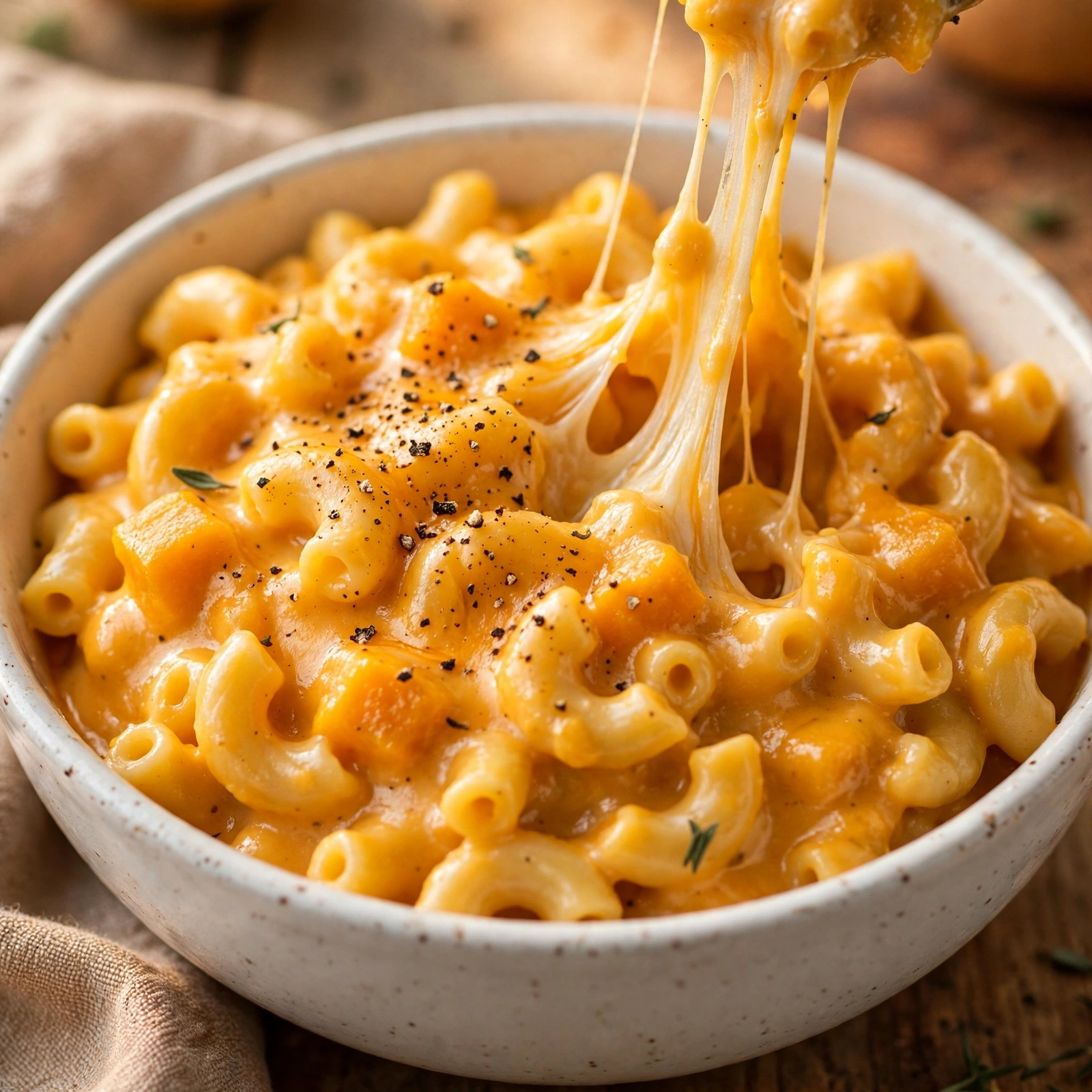 Creamy butternut squash mac and cheese in a white bowl with a cheese pull, golden sauce and cracked black pepper on top