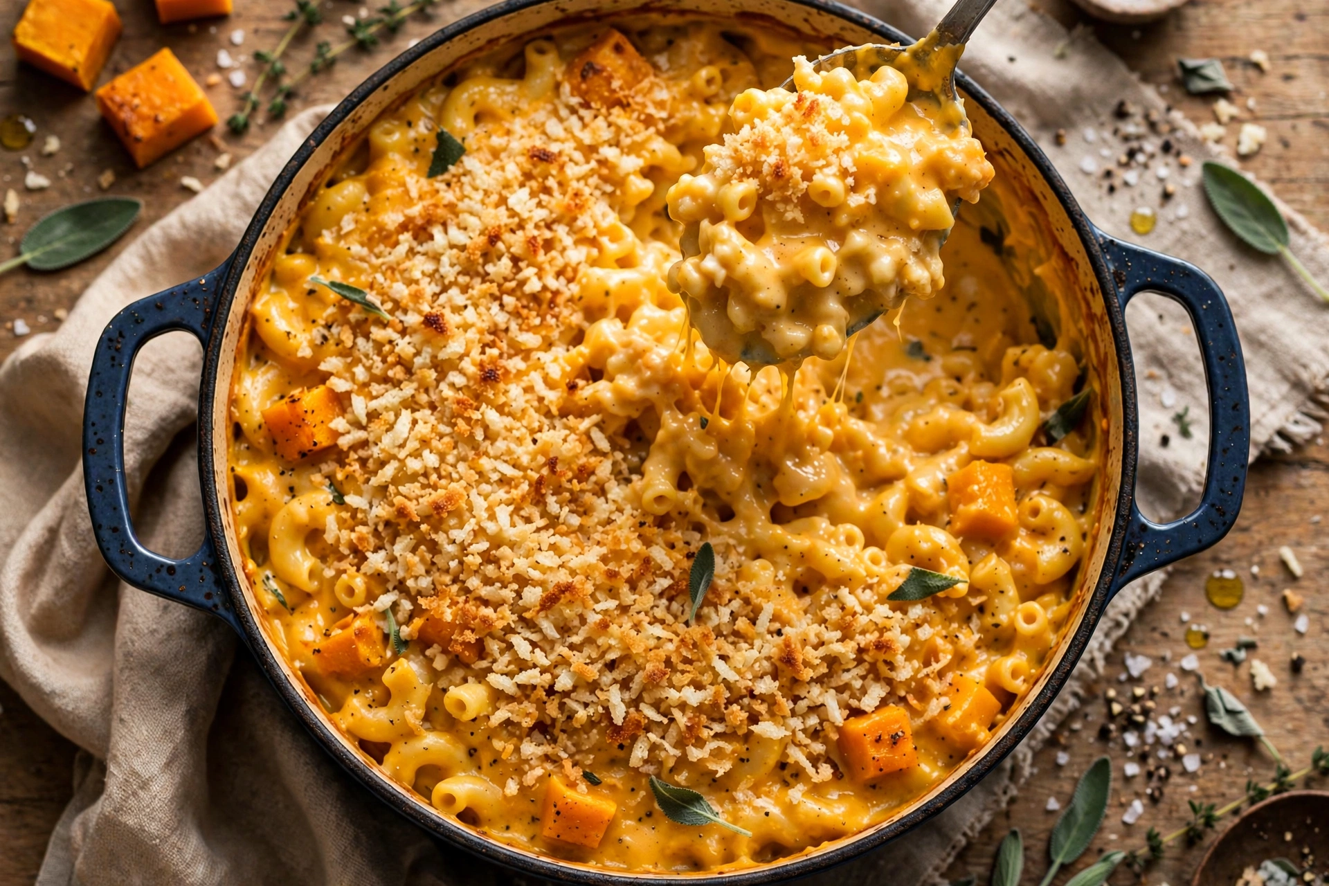 Dutch oven of butternut squash mac and cheese with golden panko crumb topping, a spoon lifting a creamy serving