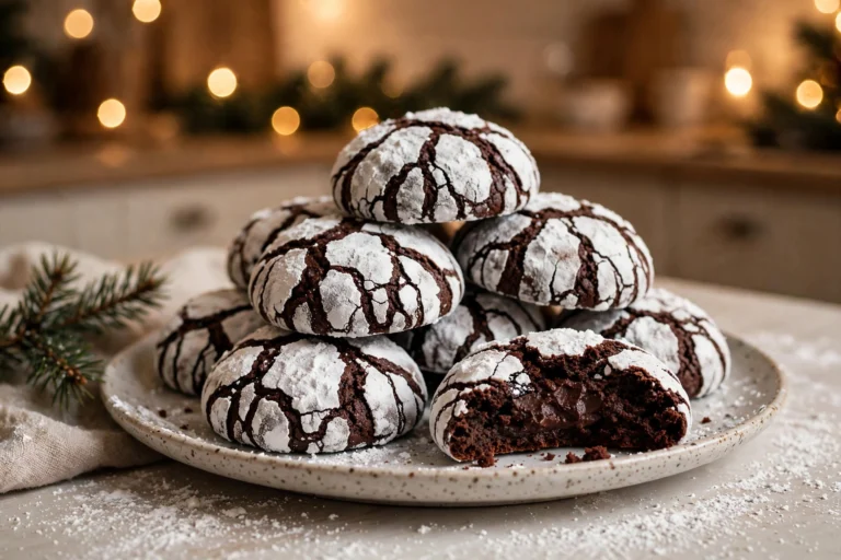 Chocolate crinkle cookies with bold powdered sugar cracks and a fudgy center on a plate