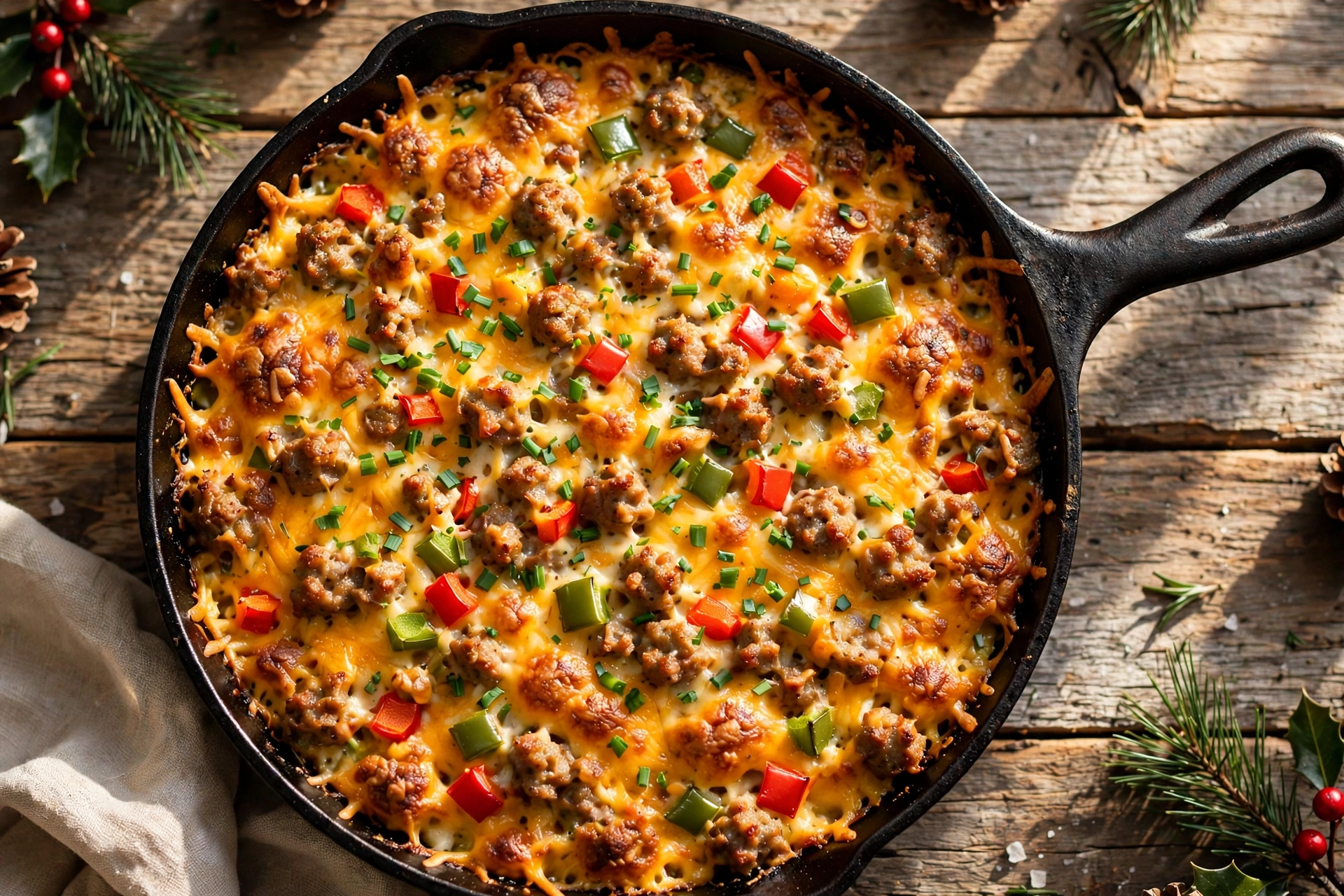 25-Minute Christmas Breakfast Casserole in a cast iron skillet, golden cheesy top with red and green bell peppers, sausage crumbles and fresh chives