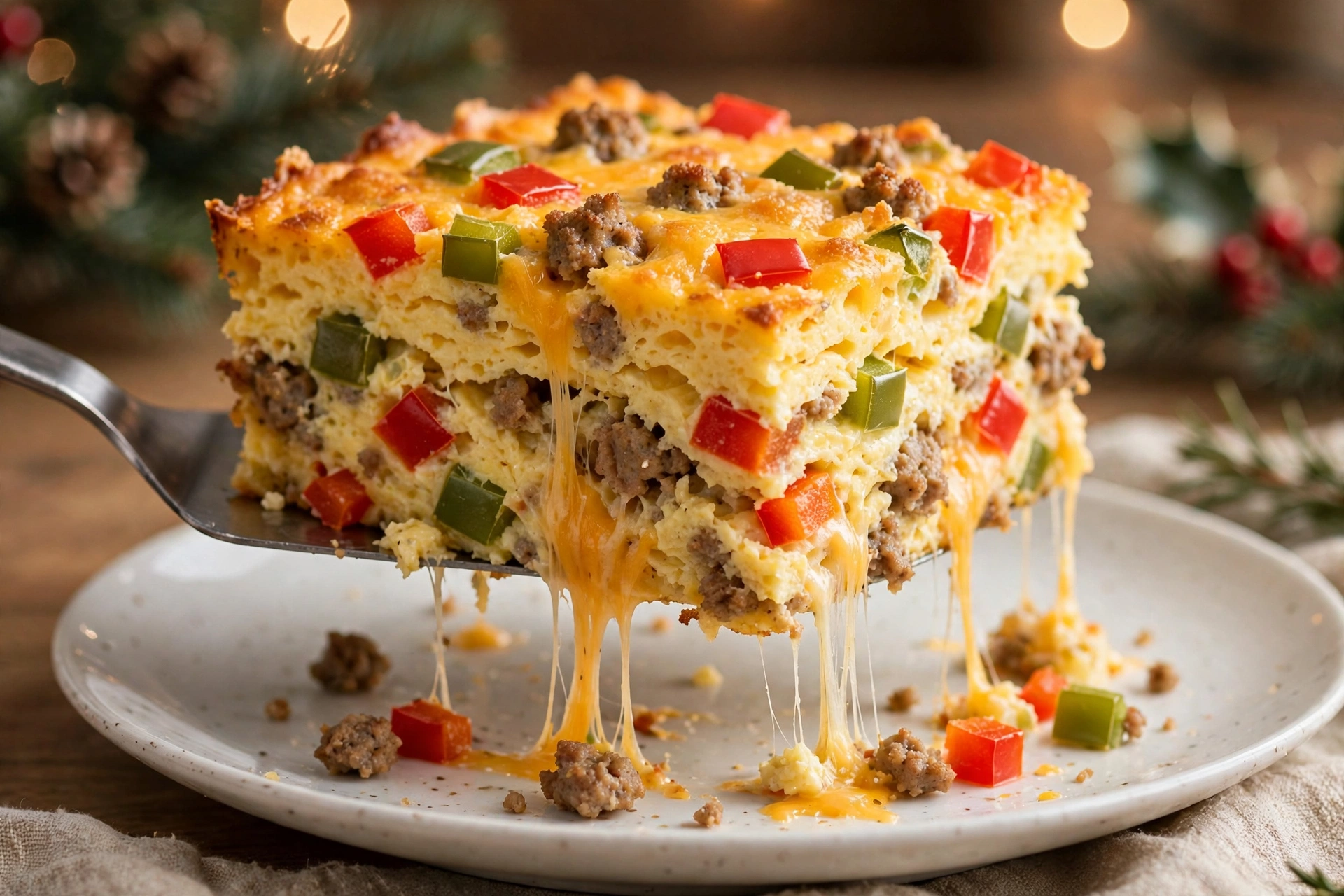 Close-up slice of Christmas breakfast casserole showing fluffy egg custard, melted cheddar and colorful peppers