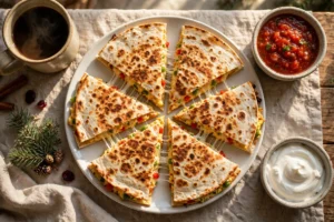 Christmas breakfast quesadillas cut into wedges on a plate, melted cheese pulling between the wedges, red and green peppers showing in the filling, salsa and sour cream beside