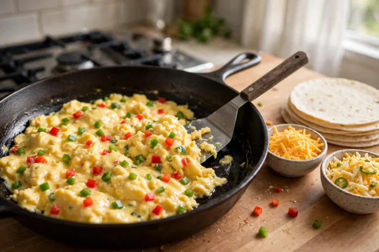 Soft scrambled eggs with diced red and green peppers folding in a skillet, tortillas and shredded cheese waiting beside it for Christmas breakfast quesadillas