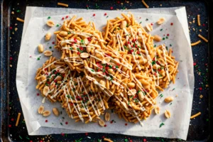 20-minute Christmas haystacks, butterscotch chow mein noodle clusters with a white chocolate drizzle on a holiday plate