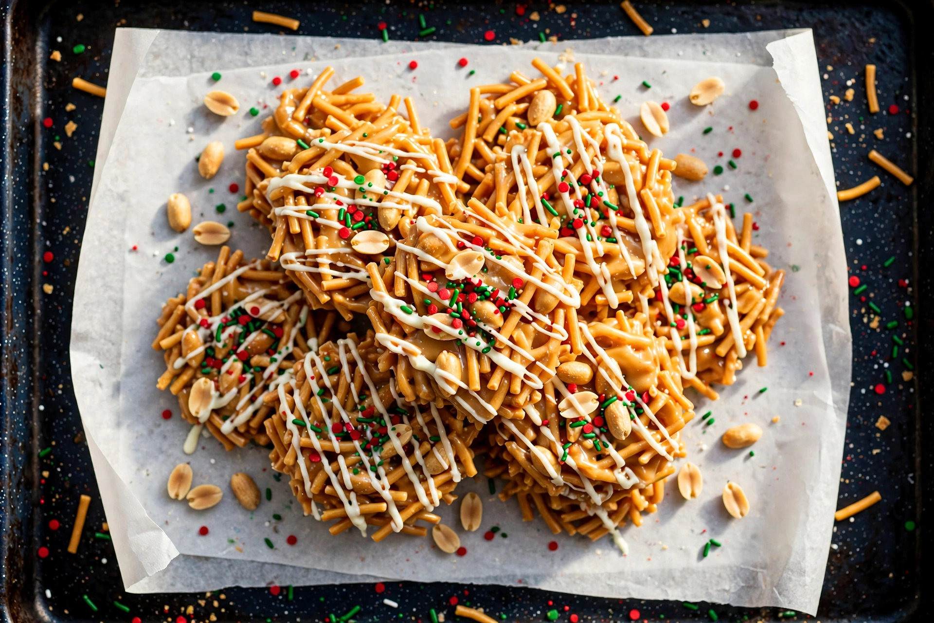 20-minute Christmas haystacks, butterscotch chow mein noodle clusters with a white chocolate drizzle on a holiday plate